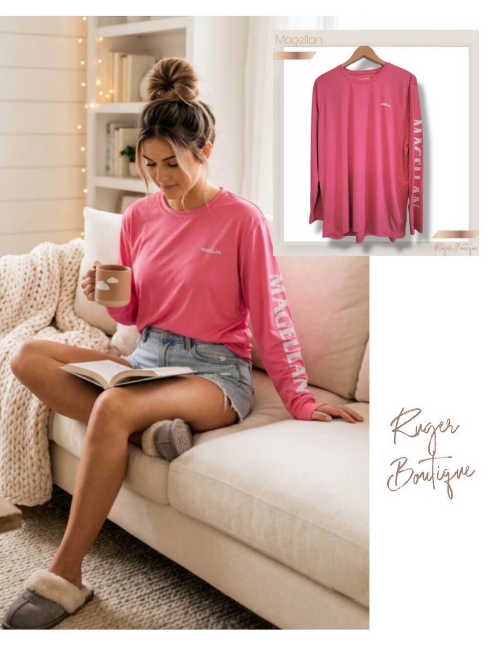 🌿Magellan XL Heather Pink Long Sleeve Boyfriend Tee White Sleeve Graphic